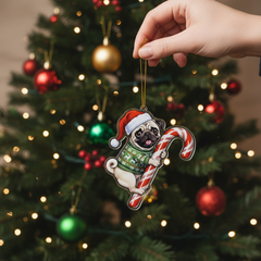 Pug Christmas Ornament | Puggle Hugging Candy Cane Ornament 2D Flat Acrylic Ornament - Christmas Tree Decoration, Pug Gifts for Pug Lovers 2025