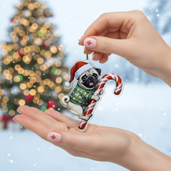 Pug Christmas Ornament | Puggle Hugging Candy Cane Ornament 2D Flat Acrylic Ornament - Christmas Tree Decoration, Pug Gifts for Pug Lovers 2025