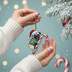 Pug Christmas Ornament | Puggle Hugging Candy Cane Ornament 2D Flat Acrylic Ornament - Christmas Tree Decoration, Pug Gifts for Pug Lovers 2025