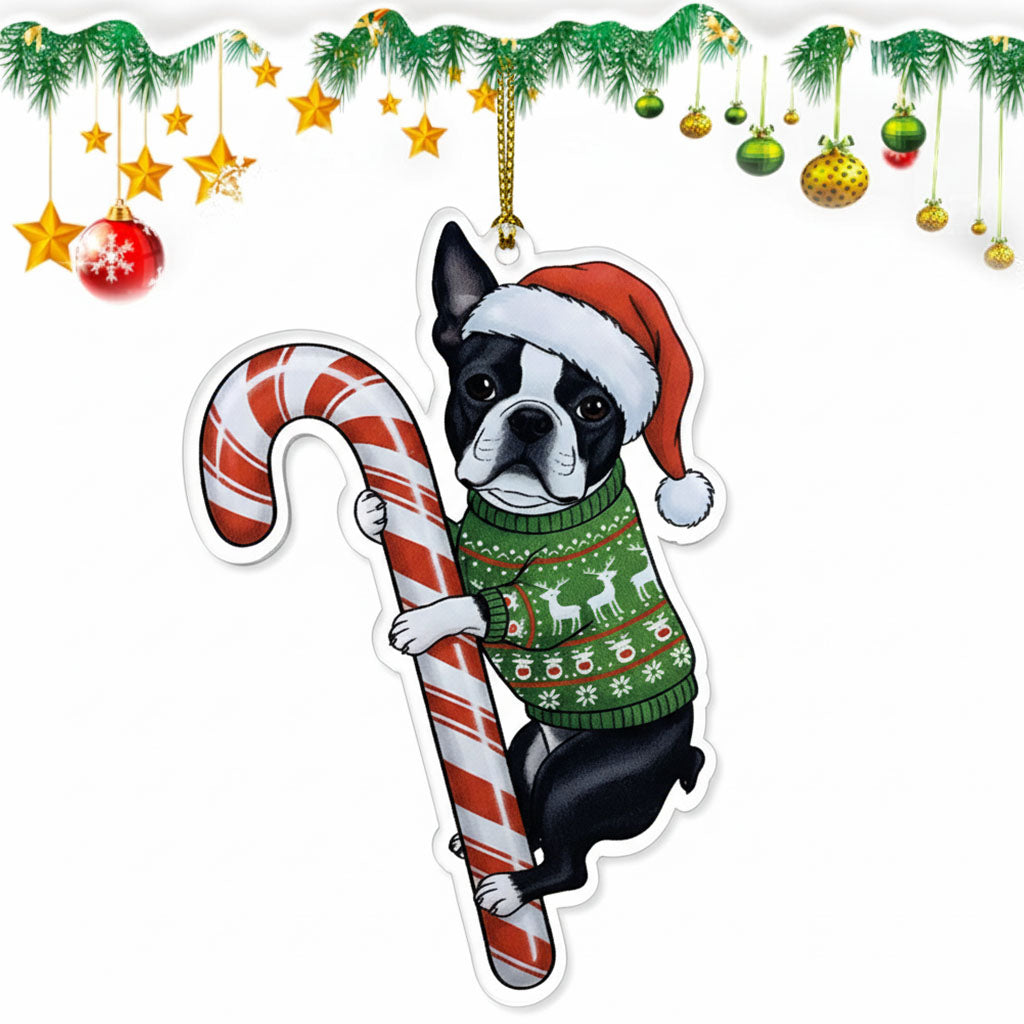 Boston Terrier Hugging Candy Cane Gifts 2D Flat Acrylic Ornament - Christmas Tree Decoration, Gifts for Dog Lovers 2025