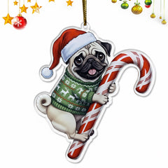 Pug Christmas Ornament | Puggle Hugging Candy Cane Ornament 2D Flat Acrylic Ornament - Christmas Tree Decoration, Pug Gifts for Pug Lovers 2025