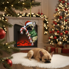 French Bulldog Hugging Candy Cane Gifts 2D Flat Acrylic Ornament - Christmas Tree Decoration, Gifts for Dog Lovers 2025